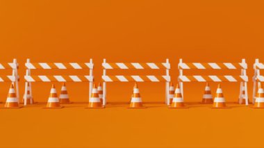 Turuncu trafik konileri ve turuncu arka plandaki bariyerlerle ilerliyoruz. Güvenlik uyarısı ya da inşaat sembolü altında. 3d oluşturma döngüsü.