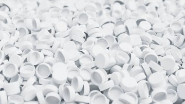 Beyaz plastik şişe kapaklarında sığ DOF 'lu yan görüş. Plastik endüstrisi ürünü. Çöp tekrar kullanılır. 3d resimleme.