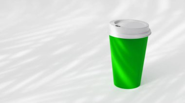 Minimalist Green Blank Paper Coffee Cup, bitki gölgesiyle beyaz arka planda. Paket kâğıttan kahve fincanı 3 boyutlu resimleme.