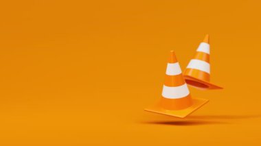 Turuncu arka planda bir çift turuncu trafik konisi yüzüyor. Güvenlik uyarısı ya da inşaat sembolü altında. 3d oluşturma döngüsü.