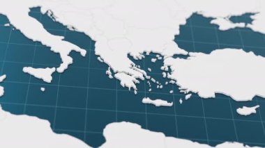 Yunanistan 'ın mavisi, diğer beyazlı ülkelerle çevrili 3 boyutlu haritalı işaretçi iğnesi. Sınırları animasyon olan Avrupa siyasi haritası. 3d hazırlayıcı.