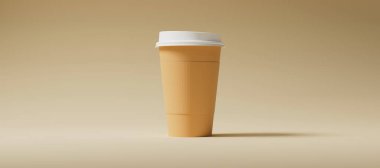 Minimalist Craft Blank Paper Coffee Cup, tutacağı bej arka planda. Paket kâğıttan kahve fincanı 3 boyutlu resimleme.