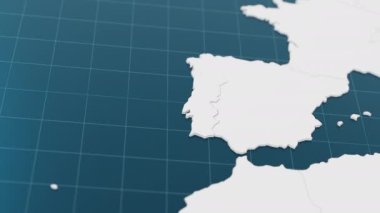 Portekiz 'in 3D mavi haritasının beyaz renkli diğer ülkelerle çevrili işaretçi iğnesiyle aydınlat. Sınırları animasyon olan Avrupa siyasi haritası. 3d hazırlayıcı.