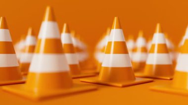 Turuncu arka planda sığ noktalı turuncu trafik konilerinin ön görüntüsü. Güvenlik uyarısı ya da inşaat sembolü altında. 3d oluşturma döngüsü.