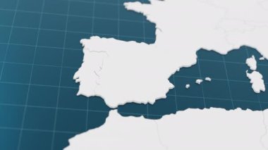 İspanya 'nın mavisi, diğer ülkelerle çevrili işaretçi iğneli 3d haritası. Sınırları animasyon olan Avrupa siyasi haritası. 3d hazırlayıcı.