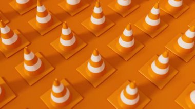 Turuncu arka planda sığ noktalı turuncu trafik konilerinin ızgarası hareket ediyor. Güvenlik uyarısı ya da inşaat sembolü altında. 3d oluşturma döngüsü.