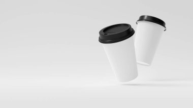 Beyaz arka planda yüzen iki Minimalist Siyah Kağıt Kâğıt Kahve Kupası. Paket kâğıt kahve fincanı sineği, 3 boyutlu resimleme.