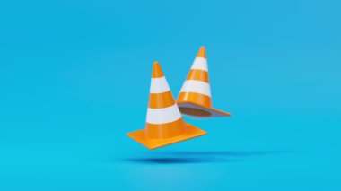 Mavi arka planda turuncu bir çift koni yüzüyor. Güvenlik uyarısı ya da inşaat sembolü altında. 3d oluşturma döngüsü.