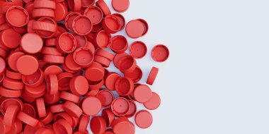 Beyaz arka planda kırmızı plastik şişe kapaklarının üst görüntüsü. Plastik endüstrisi ürünü. Çöp tekrar kullanılır. 3d resimleme.