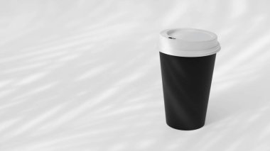 Minimalist Black Blank Paper Coffee Cup, bitki gölgesiyle beyaz arka planda. Paket kâğıttan kahve fincanı 3 boyutlu resimleme.