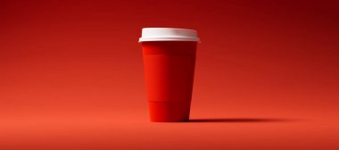 Kırmızı arka planda tutacağı olan minimalist kırmızı kağıtlı kahve fincanı. Paket kâğıttan kahve fincanı 3 boyutlu resimleme.