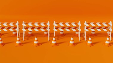 Turuncu trafik konileri ve turuncu arka planda engeller. Güvenlik uyarısı ya da inşaat sembolü altında. 3d resimleme.