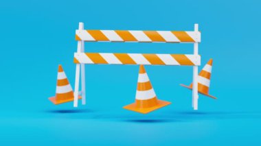 Yüzen turuncu trafik konileri ve mavi arka planda bariyerler. Güvenlik uyarısı ya da inşaat sembolü altında. 3d oluşturma döngüsü.