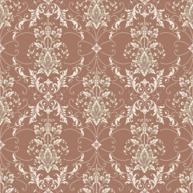 Damask Mocha Mousse pürüzsüz desen elementi. Vector klasik lüks eski moda İspanyol süsü, kraliyet Victoria dönemi duvar kağıtları için dikişsiz kumaş, tekstil. Klasik çiçekli barok şablonu.