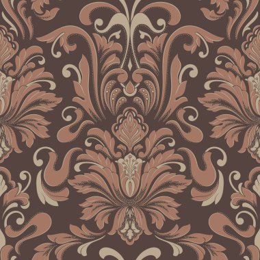 Damask Mocha Mousse pürüzsüz desen elementi. Vector klasik lüks eski moda İspanyol süsü, kraliyet Victoria dönemi duvar kağıtları için dikişsiz kumaş, tekstil. Klasik çiçekli barok şablonu