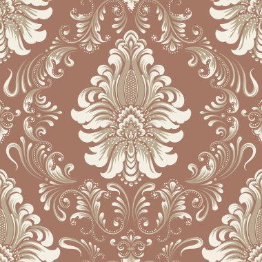 Damask Mocha Mousse pürüzsüz desen elementi. Vector klasik lüks eski moda İspanyol süsü, kraliyet Victoria dönemi duvar kağıtları için dikişsiz kumaş, tekstil. Klasik çiçekli barok şablonu