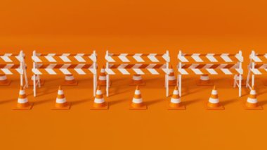 Turuncu trafik konileri ve turuncu arka plandaki bariyerlerle ilerliyoruz. Yüksek açı. Güvenlik uyarısı ya da inşaat sembolü altında. 3d oluşturma döngüsü.