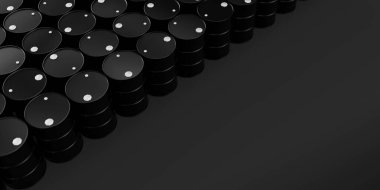 Siyah arkaplandaki siyah metal yağ varillerinin sağ taraftaki yazı için en üstteki görünümü. Petrol endüstrisi konsepti. 3d resimleme.