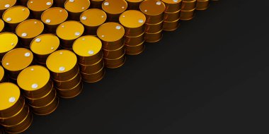 Altın metal yağ varillerinin üst görüntüsü siyah arka planda ve metin için sağda yer var. Petrol endüstrisi konsepti. 3d resimleme.