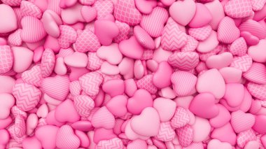 Sevgililer Günü için açık pembe desenli kalp arka planı. Kupa yığını. Romantik zemin. 3d resimleme.