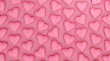 Pembe arka planda açık pembe noktalı kalpler. Sevgililer Günü romantik arka planı. 3d resimleme