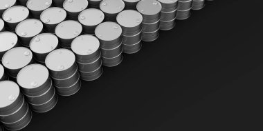Siyah arka planda gümüş metal yağ varillerinin üst görüntüsü ve sağda yazı için yer var. Petrol endüstrisi konsepti. 3d resimleme.