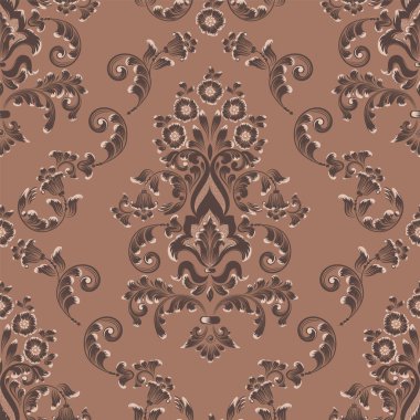 Damask Mocha Mousse pürüzsüz desen elementi. Vector klasik lüks eski moda İspanyol süsü, kraliyet Victoria dönemi duvar kağıtları için dikişsiz kumaş, tekstil. Klasik çiçekli barok şablonu