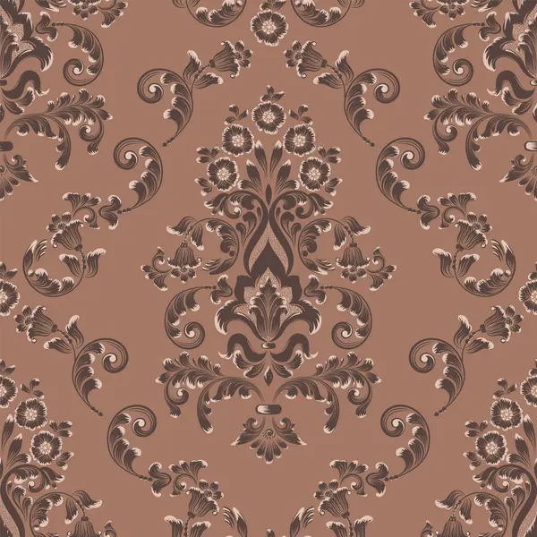 Damask Mocha Mousse pürüzsüz desen elementi. Vector klasik lüks eski moda İspanyol süsü, kraliyet Victoria dönemi duvar kağıtları için dikişsiz kumaş, tekstil. Klasik çiçekli barok şablonu