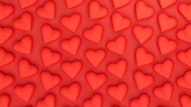 Kırmızı arka planda kırmızı kalpler var. Sevgililer Günü romantik arka planı. 3d resimleme