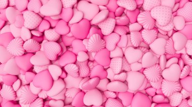 Sevgililer Günü için açık pembe desenli kalp arka planı. Kupa yığını. Romantik zemin. 3d resimleme.