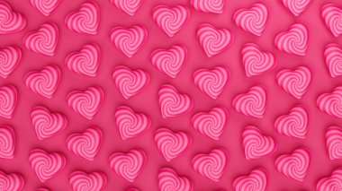 Pembe girdaplı kalpler pembe arka planda. Sevgililer Günü romantik arka planı. 3d resimleme