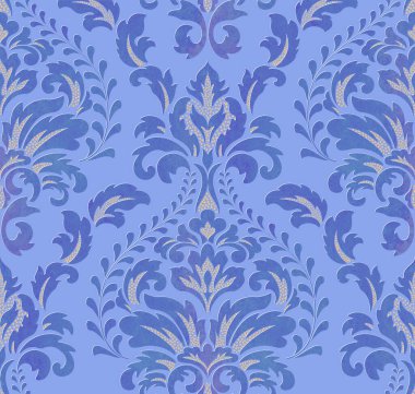 Damask mavisi pürüzsüz desen elementi. Vector klasik lüks, eski moda İspanyol süsü, duvar kağıtları, tekstil, ambalaj için kraliyet Victoria dönemi kusursuz dokusu. Eski, zarif çiçek şablonu