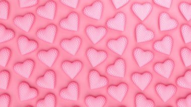 Pembe arka planda açık pembe dalgalı kalpler. Sevgililer Günü romantik arka planı. 3d resimleme
