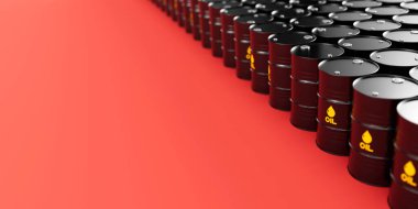 Kırmızı zemin üzerinde siyah metal yağ varilleri yığılmış ve solda yazı için yer var. Petrol endüstrisi konsepti. 3d resimleme.