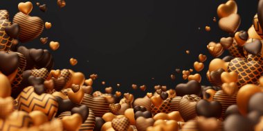 Sevgililer Günü arkaplanı, bulanık efektli, altın desenli uçan kalplerle dolu. Romantik aşk arkaplanı. 3d Redner illüstrasyonu.