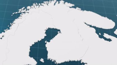 Finlandiya 'nın diğer beyaz ülkelerle çevrili 3 boyutlu mavi haritası ve işaretçi iğnesi ile renklendirilmiş. Sınırları animasyon olan Avrupa siyasi haritası. 3d hazırlayıcı.
