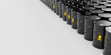 Beyaz arka planda siyah metal yağ varilleri yığılmış ve solda yazı için yer var. Petrol endüstrisi konsepti. 3d resimleme.