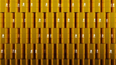 Altın metal yağ varillerinden oluşan duvarın önü. Yakıt deposu yığını. Petrol endüstrisi konsepti. 3d resimleme.