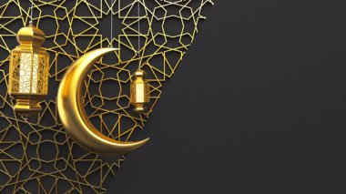 Altın Ramazan mum fenerleri ve ay, İslami süslemelerle siyah arka planda asılı ve sallanıyor. Döndürülebilir 3d oluşturucu.