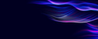 Parçacıkların soyut dalgası. Büyük veri dijital akış konsepti. LLM öğrenme süreci, yapay zeka teknolojisi. Kuantum hesaplaması. Metin için 3d resimleme yeri.