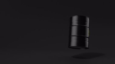 Siyah arka planda dönen tek bir siyah metal varil. Ön manzara. Petrol endüstrisi konsepti. 3d oluşturma döngüsü.