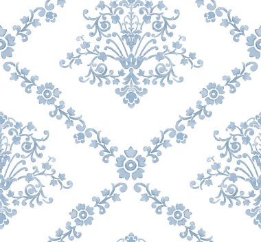 Damask dikişsiz suluboya desenli element. Vector klasik lüks eski moda İspanyol süsü, kraliyet Victoria dönemi duvar kağıtları için dikişsiz kumaş, tekstil. Antika, zarif, çiçekli bir barok..