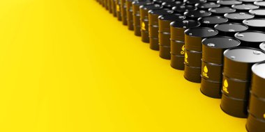 Sarı arka planda siyah metal yağ varilleri yığılmış. Solda da yazı için yer var. Petrol endüstrisi konsepti. 3d resimleme.