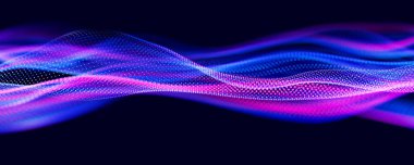 Parçacıkların soyut dalgası. Büyük veri dijital akış konsepti. LLM öğrenme süreci, yapay zeka teknolojisi. Kuantum hesaplaması. 3d resimleme.