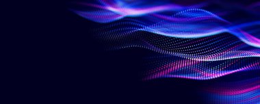 Parçacıkların soyut dalgası. Büyük veri dijital akış konsepti. LLM öğrenme süreci, yapay zeka teknolojisi. Kuantum hesaplaması. Metin için 3d resimleme yeri.