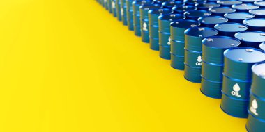 Sarı arka planda mavi metal yağ varilleri yığılmış. Solda yazı için yer var. Petrol endüstrisi konsepti. 3d resimleme.