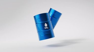 İki mavi metal yağ fıçısı beyaz arka planda yüzer. Ön manzara. Petrol endüstrisi konsepti. 3d oluşturma döngüsü.