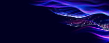 Parçacıkların soyut dalgası. Büyük veri dijital akış konsepti. LLM öğrenme süreci, yapay zeka teknolojisi. Kuantum hesaplaması. Metin için 3d resimleme yeri.