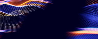 Parçacıkların soyut dalgası. Büyük veri dijital akış konsepti. LLM öğrenme süreci, yapay zeka teknolojisi. Kuantum hesaplaması. Metin için merkezi konumlu 3d resimleme.