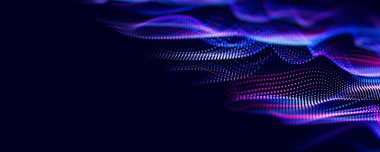 Parçacıkların soyut dalgası. Büyük veri dijital akış konsepti. LLM öğrenme süreci, yapay zeka teknolojisi. Kuantum hesaplaması. Metin için 3d resimleme yeri.